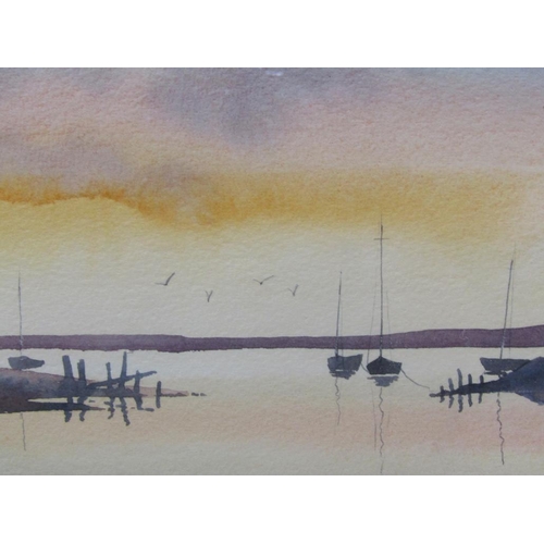 1285 - T MOORE - SUNSET OVER THE ESTUARY, SIGNED WATERCOLOUR, F/G, 16CMX 23CM