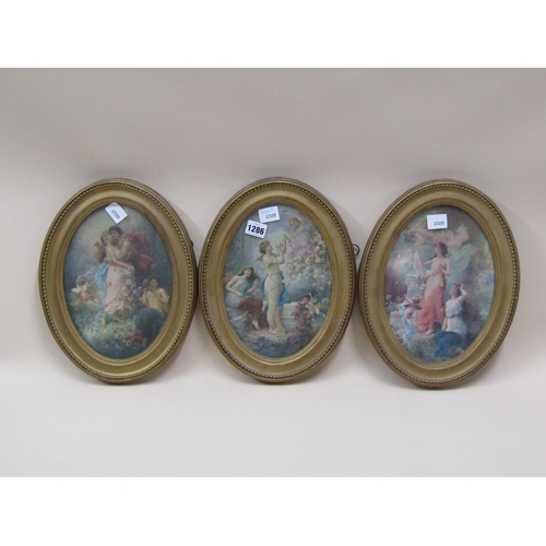 1286 - SERIES OF THREE OVAL FRAMED COLOURED PRINTS - CLASSICAL SUBJECTS, EACH F/G 25CMX 17CM