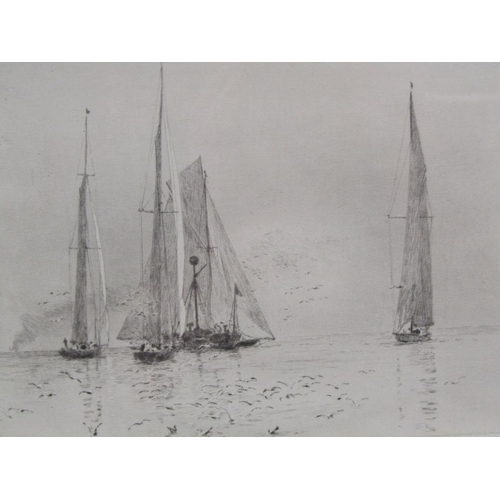 1289 - W.L WYLIE - FIVE SAILING VESSELS, B&W ENGRAVING, SIGNED IN PENCIL, F/G, 16CM X 20CM