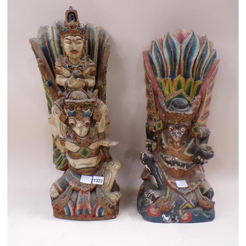 1333 - PAIR OF PAINTED CARVED WOODEN ORIENTAL FIGURE GROUPS - MYTHICAL BEASTS WITH RIDER 53 & 57cms H