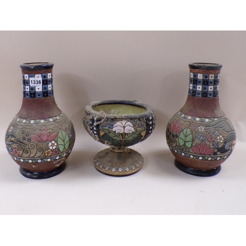 1336 - PAIR OF AMPHORA BALUSTER VASES (32cms H) TOGETHER WITH BOWL ON STAND