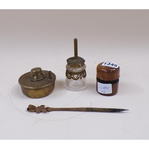 1345 - SMALL COLLECTION OF ITEMS INC. INKPOT AND COVER TOGETHER WITH CARVED WOODEN PEN AND A SEALING LAMP