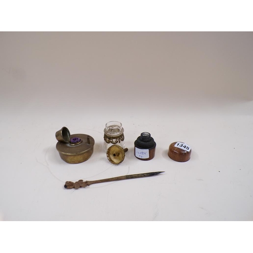 1345 - SMALL COLLECTION OF ITEMS INC. INKPOT AND COVER TOGETHER WITH CARVED WOODEN PEN AND A SEALING LAMP