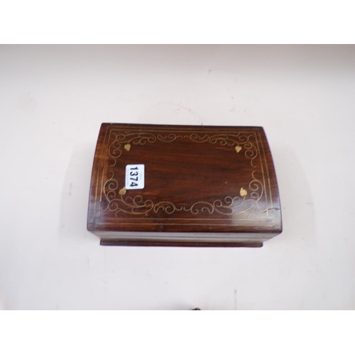 1374 - WOODEN JEWELLERY BOX WITH BRASS INLAY, 23CM W