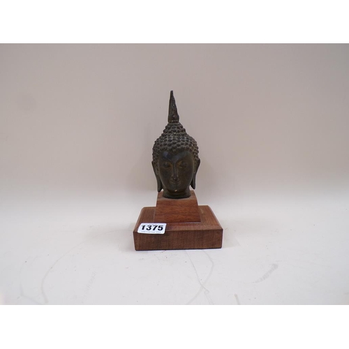 1375 - BRONZED BUDDHA HEAD ON PLINTH, 20CM H