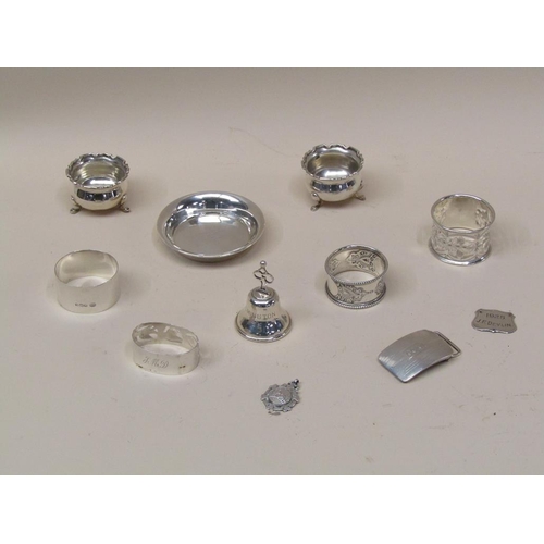 1533 - SILVER SALTS, NAPKIN RINGS, SMALL SILVER DISH, BUCKLE ETC - APPX 7ozt