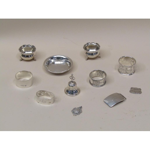 1533 - SILVER SALTS, NAPKIN RINGS, SMALL SILVER DISH, BUCKLE ETC - APPX 7ozt