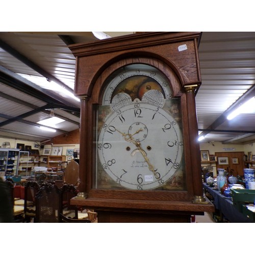 1292 - 19C OAK CASED LONGCASE CLOCK WITH ARCHED MOON PHASE AND DATE INDICATOR DIAL, B HARLOW, LANE END