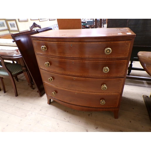 1953 - GEORGIAN INLAID MAHOGANY BOW FRONTED CHEST, 108CM W, 107CM H