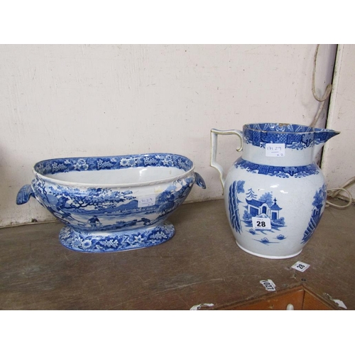 28 - B&W TRANSFER PRINTED TUREEN AND JUG