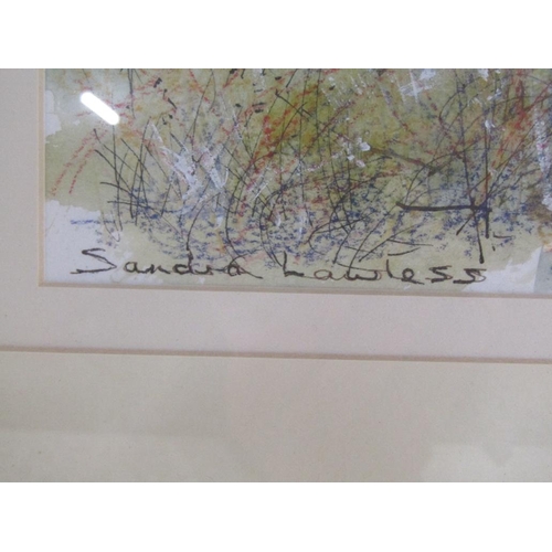 1263 - SANDRA LAWLESS - ROCKY OUTCROP, SIGNED WATERCOLOUR, F/G, 28CM X37CM