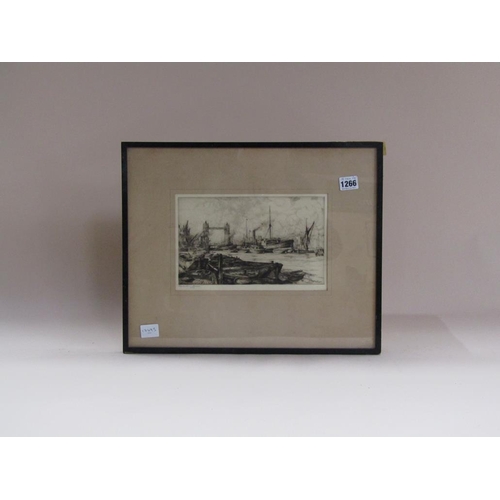 1266 - ARTHUR ROUSE - B&W ENGRAVING, RIVER THAMES AND TOWER BRIDGE, FRAMED, 16CM X 25CM