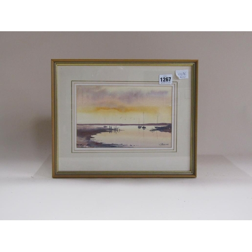 1267 - T MOORE - SUNRISE NORFOLK BROADS, SIGNED FRAMED WATERCOLOUR, 16CM X 23CM