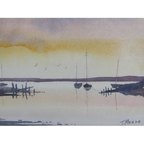 1267 - T MOORE - SUNRISE NORFOLK BROADS, SIGNED FRAMED WATERCOLOUR, 16CM X 23CM