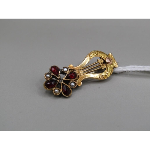 1471 - ANTIQUE GILT METAL LYRE BROOCH SET WITH SEED PEARLS AND FITTED RED LEATHER BOX