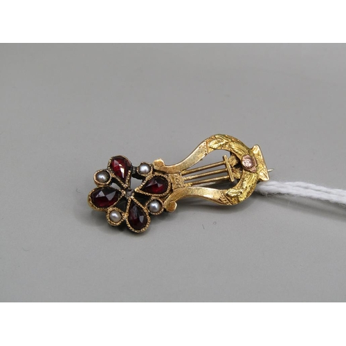 1471 - ANTIQUE GILT METAL LYRE BROOCH SET WITH SEED PEARLS AND FITTED RED LEATHER BOX