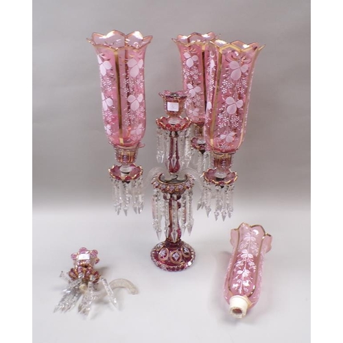 1761 - 19C VICTORIAN CRANBERRY FOUR BRANCH CANDELABRA WITH LUSTRES, A/F, 54CM H