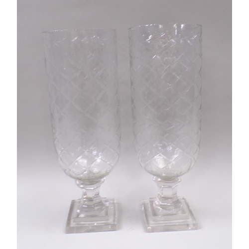 1763 - PAIR OF CUT GLASS HURRICANE LAMPS, 34CM H