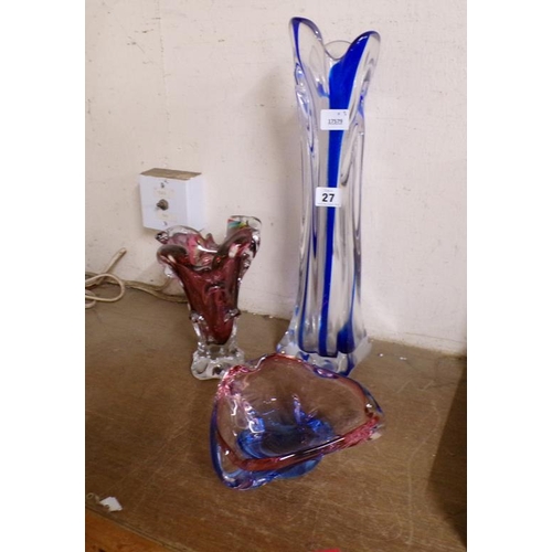 27 - TWO ART GLASS VASES; BOWL