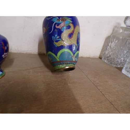 34 - THREE ORIENTAL CLOISONNE VASES, A/F