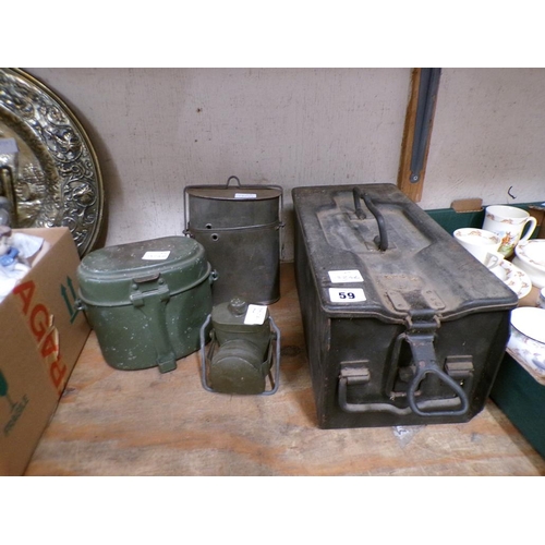 59 - MILITARY FUEL CONTAINERS AND CASE, LAMP ETC