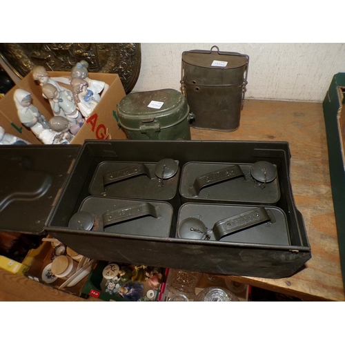 59 - MILITARY FUEL CONTAINERS AND CASE, LAMP ETC