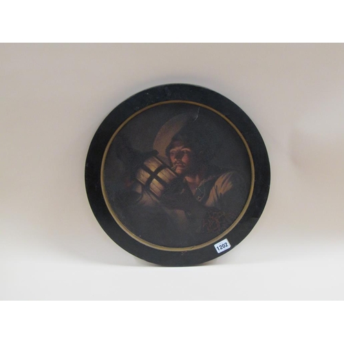 1202 - UNSIGNED 19C - THE LAMP LIGHTER, CIRCULAR FRAMED OIL ON CANVAS, 33CM DIAM