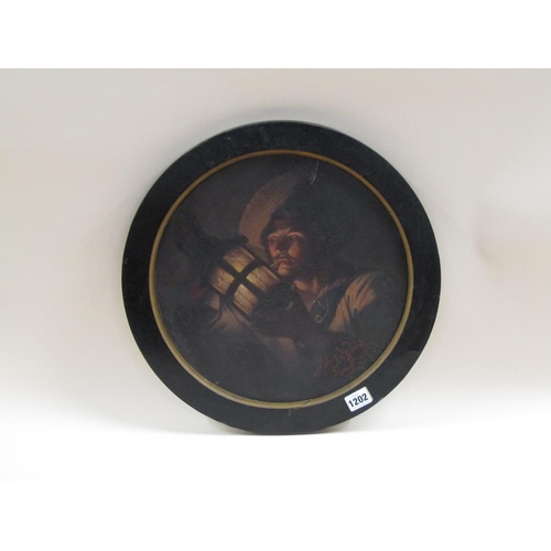 1202 - UNSIGNED 19C - THE LAMP LIGHTER, CIRCULAR FRAMED OIL ON CANVAS, 33CM DIAM