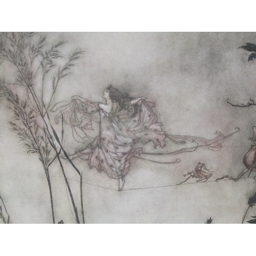 1203 - ARTHUR RACKHAM - FRAMED COLOURED PRINT, AT THE FAIRIES BALL, F/G, 34CM X 25CM