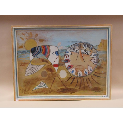 1204 - GARBETT 92 - ABSTRACT BEACH SCENE, SIGNED, OIL ON BOARD, FRAMED, 78CM X 106CM