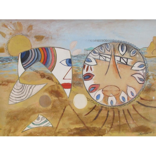 1204 - GARBETT 92 - ABSTRACT BEACH SCENE, SIGNED, OIL ON BOARD, FRAMED, 78CM X 106CM