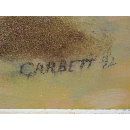 1204 - GARBETT 92 - ABSTRACT BEACH SCENE, SIGNED, OIL ON BOARD, FRAMED, 78CM X 106CM