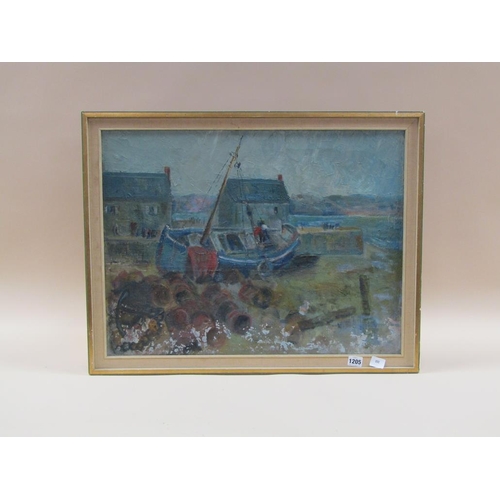 1205 - UNSIGNED - CONTEMPORARY OIL ON CANVAS, BEACHED SAILING BOAT, FRAMED, 48CM X 64CM