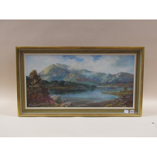 1213 - PRUDENCE TURNER - SCOTTISH LOCH, SIGNED OIL ON CANVAS, FRAMED, 39CM X 80CM