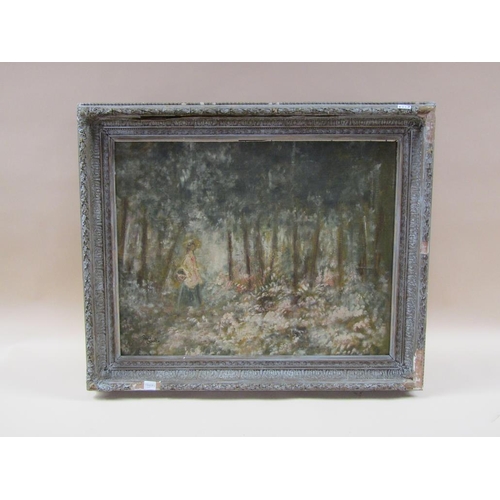 1215 - POUTE SOUIT - LADY IN A WOODLAND SETTING, SIGNED, OIL ON BOARD, FRAMED, 56CM X 70CM