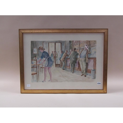 1218 - WATERCOLOUR SKETCH - GENTLEMAN AT A BAR, SIGNED INDISTINCTLY, FRAMED, 38CM X 54CM