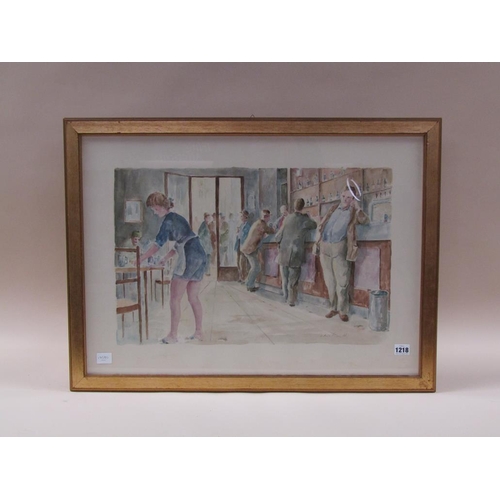 1218 - WATERCOLOUR SKETCH - GENTLEMAN AT A BAR, SIGNED INDISTINCTLY, FRAMED, 38CM X 54CM