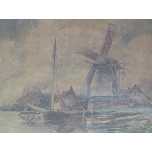 1220 - UNSIGNED - DUTCH CANAL SCENE WITH WINDMILL, COLOURED PRINT, FRAMED, 37CM X 57CM