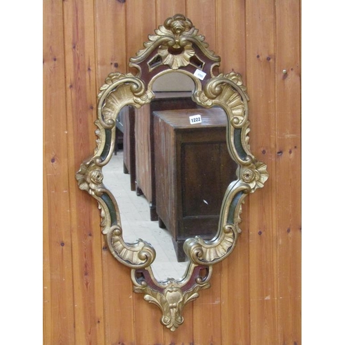 1222 - GILT WOOD AND PAINTED ROCOCO STYLE WALL MIRROR, 93CM X 57CM