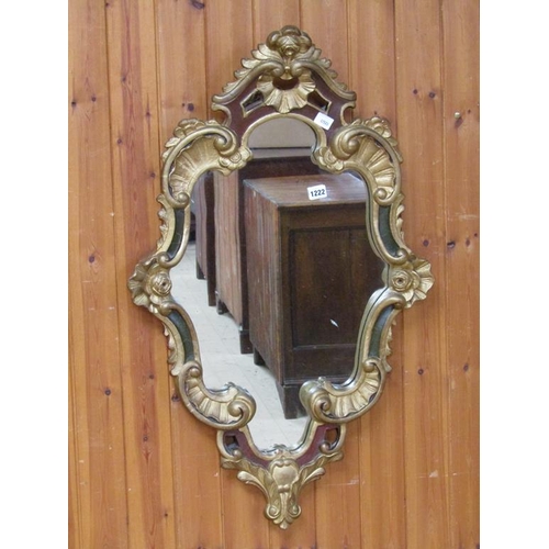 1222 - GILT WOOD AND PAINTED ROCOCO STYLE WALL MIRROR, 93CM X 57CM