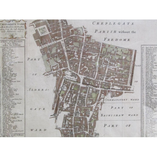 1225 - 18C COLOURED MAP OF CRIPPLEGATE PARISH WITH THE FREEDOM WITH NUMBERED INDEX AND SCALE, F/G, 30CM X 3... 