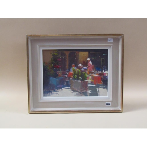 1228 - SIGNED INDISTINCTLY - LUNCH AT L'ORANGERAIE, SIGNED OIL ON BOARD, FRAMED, 29CM X 39CM