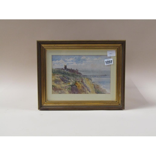 1237 - CROMER 36 - COASTAL SCENE WITH PIER, SIGNED WATERCOLOUR, 15CM X 23CM