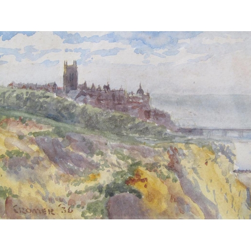 1237 - CROMER 36 - COASTAL SCENE WITH PIER, SIGNED WATERCOLOUR, 15CM X 23CM