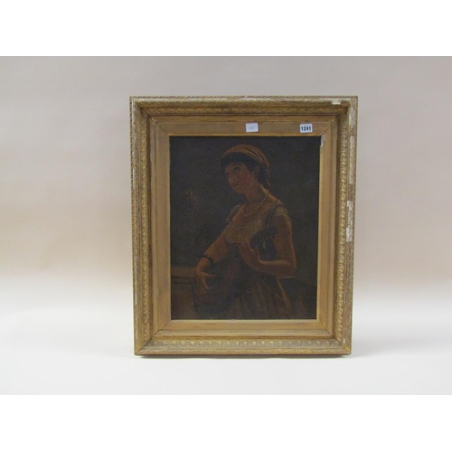 1241 - UNSIGNED LATE 19C - LADY PLAYING A MANDOLIN, OIL ON CANVAS, FRAMED, 50CM X 40CM