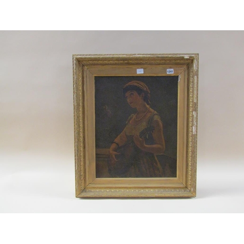 1241 - UNSIGNED LATE 19C - LADY PLAYING A MANDOLIN, OIL ON CANVAS, FRAMED, 50CM X 40CM