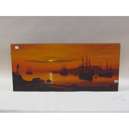 1245 - UNSIGNED - CONTINENTAL 19C HARBOUR AT SUNSET, UNFRAMED OIL ON CANVAS, 46CM X 102CM