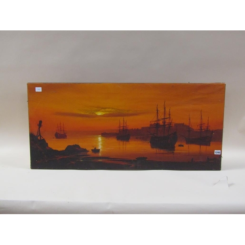 1245 - UNSIGNED - CONTINENTAL 19C HARBOUR AT SUNSET, UNFRAMED OIL ON CANVAS, 46CM X 102CM