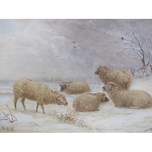 1246 - SIGNED IN MONO B H M - SHEEP RESTING IN WINTER TIME, WATERCOLOUR, F/G, 15CM X 22CM