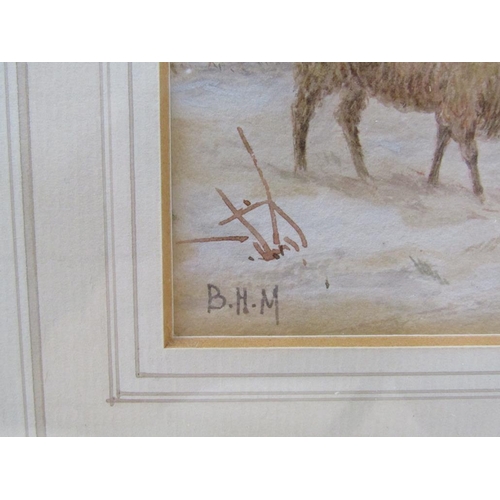 1246 - SIGNED IN MONO B H M - SHEEP RESTING IN WINTER TIME, WATERCOLOUR, F/G, 15CM X 22CM